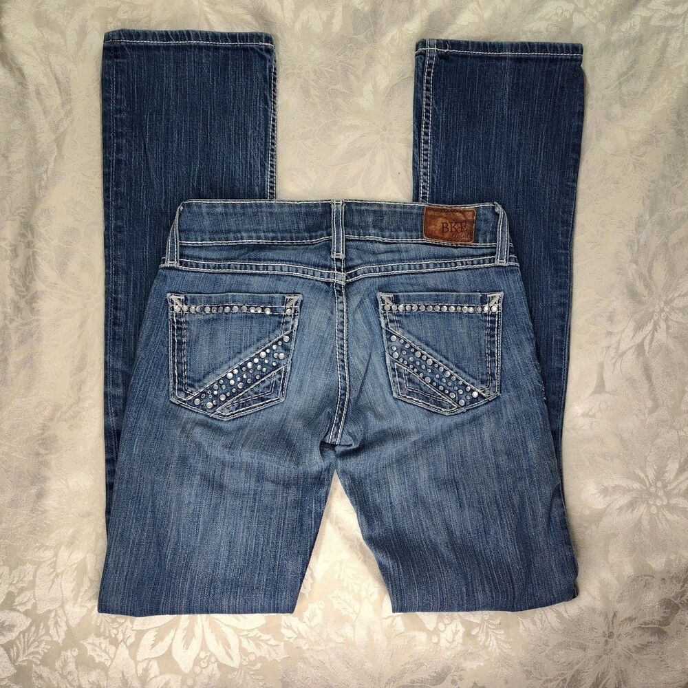 BKE Stella Jeans Womens26L Lowrise Slim Fit Bootcut Rhinestone Medium Wash